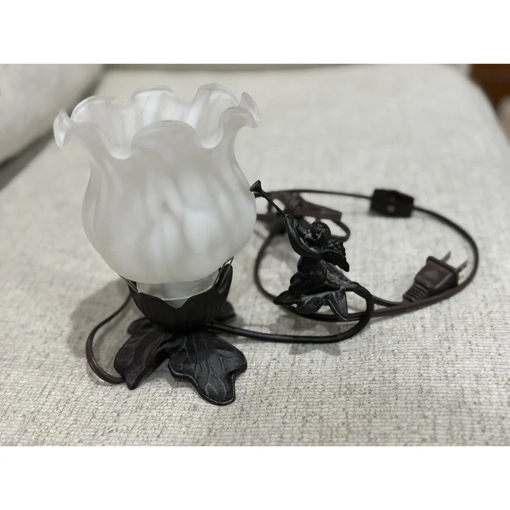 Bronze Cherub Accent Lamp Tulip Frosted Glass Shade Art Nouveau Style